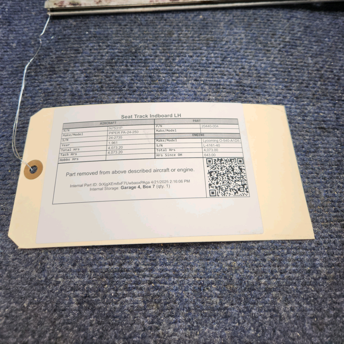 Used aircraft parts for sale, 20440-004 PIPER PA-24-250 Seat Track Indboard LH