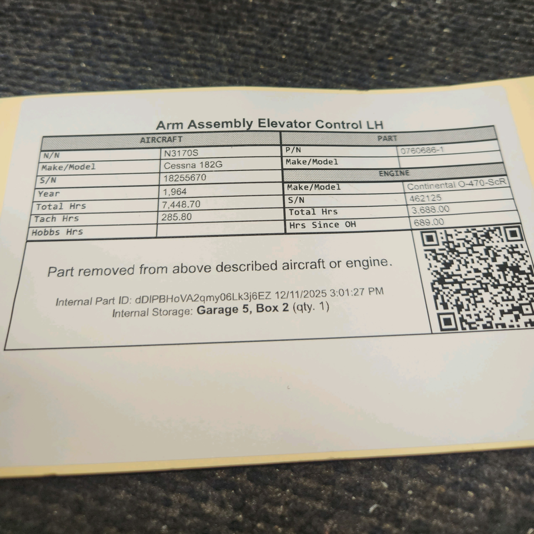 Used aircraft parts for sale, 0760686-1 Cessna 182G Arm Assembly Elevator Control - LH
