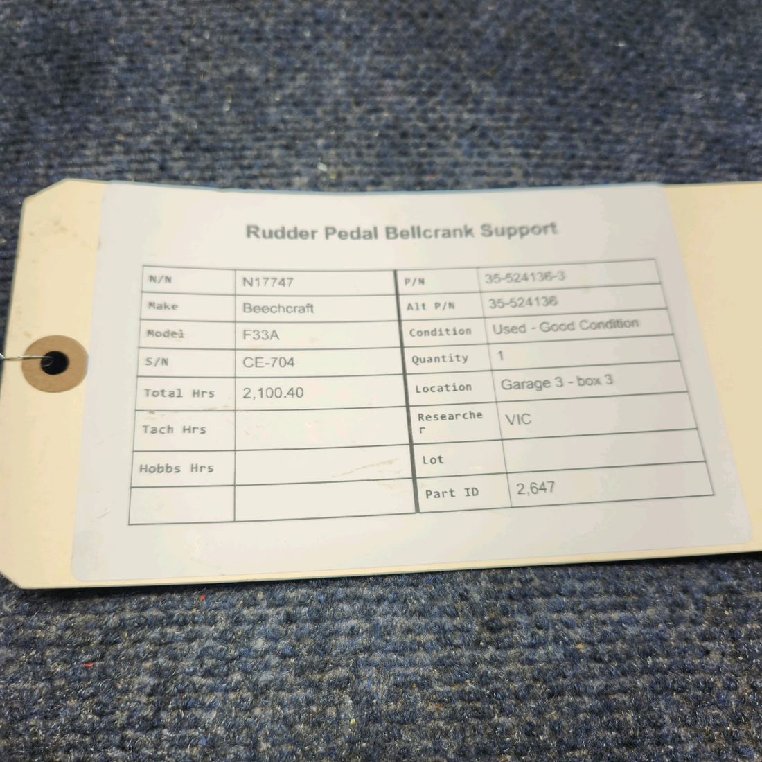 Used aircraft parts for sale, 35-524136-3 Beechcraft F33A RUDDER PEDAL BELLCRANK SUPPORT