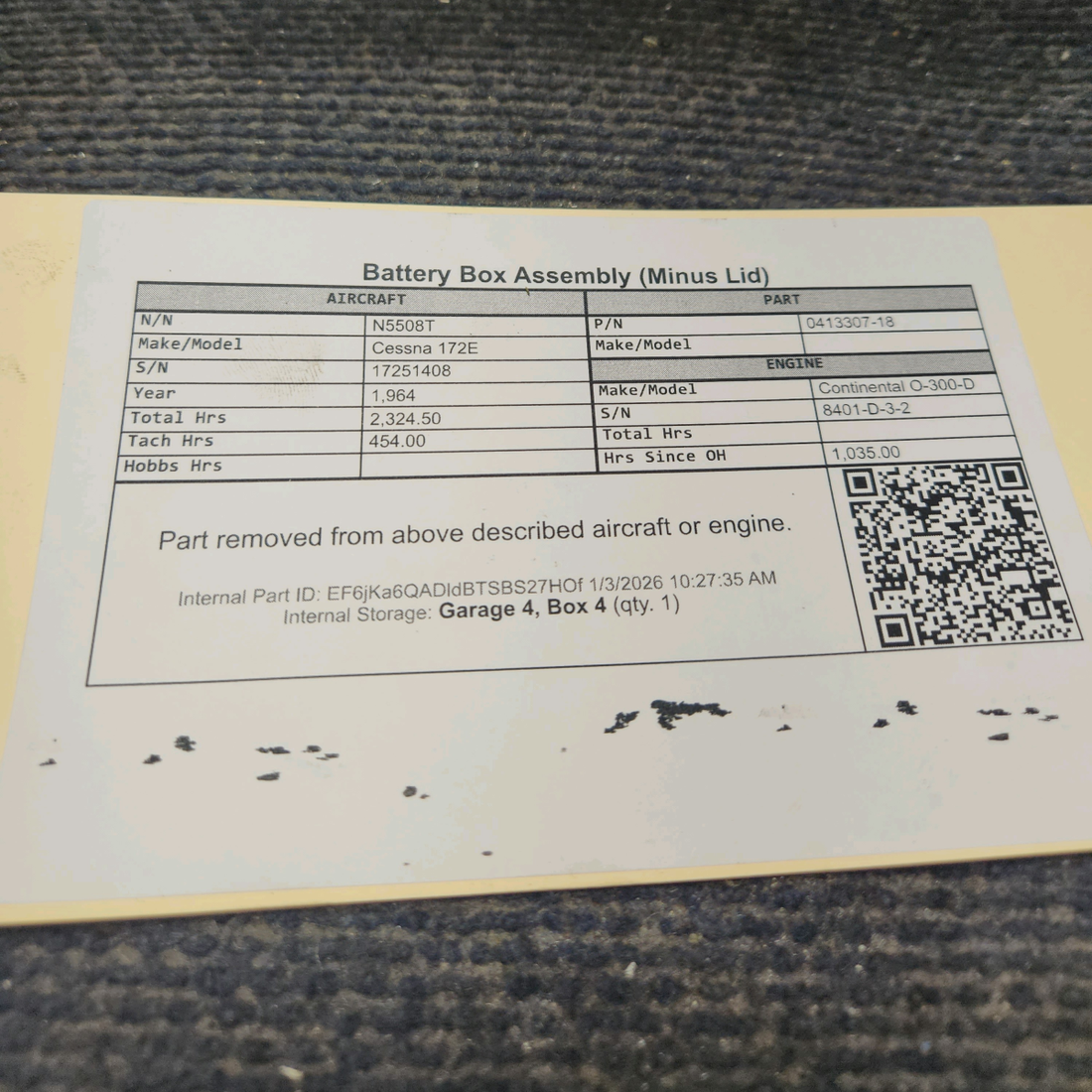 Used aircraft parts for sale, 0413307-18 Cessna 172E Battery Box Assembly (Minus Lid)