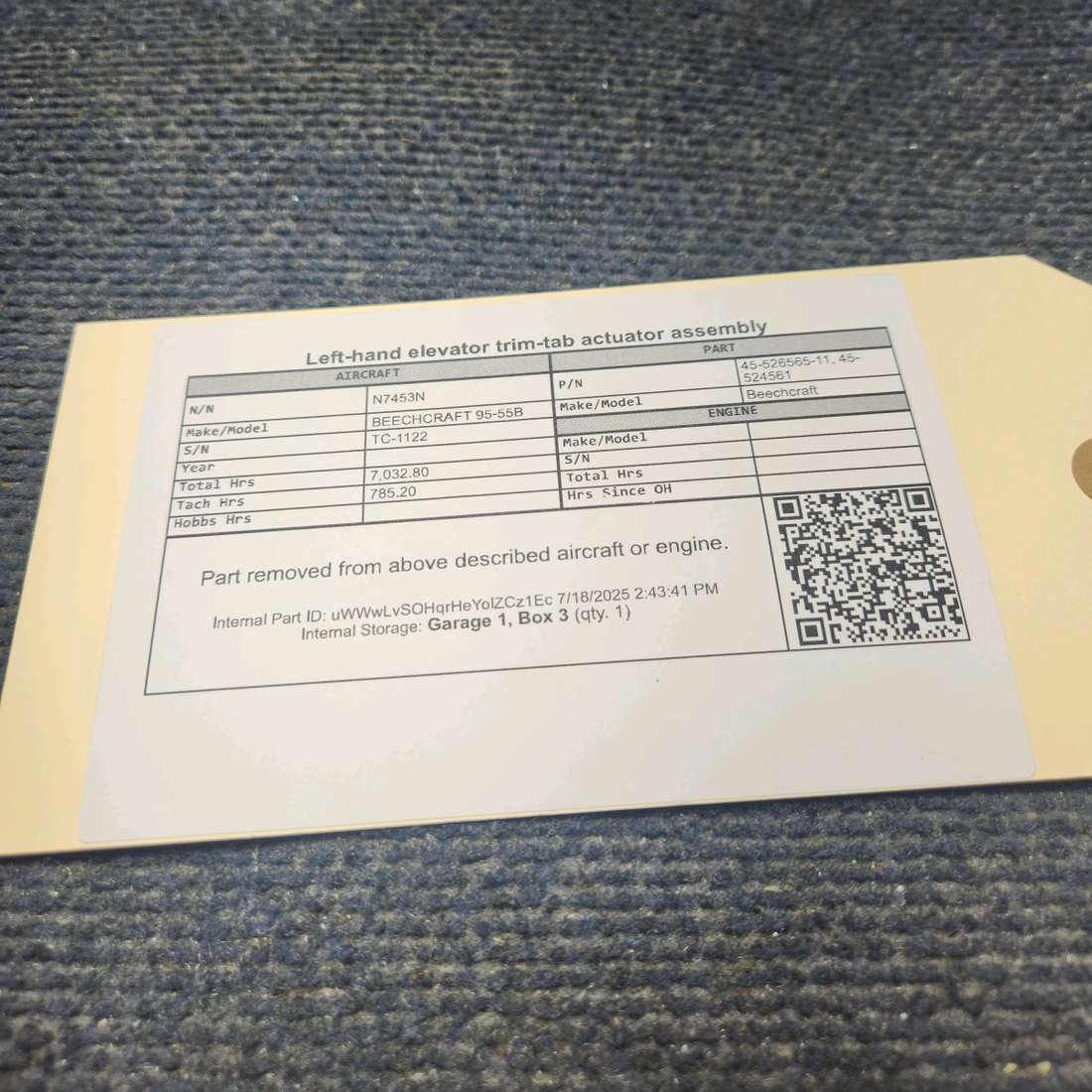 Used aircraft parts for sale, 45-526565-11 BEECHCRAFT 95-55B Elevator Trim-Tab Actuator Assembly - LH