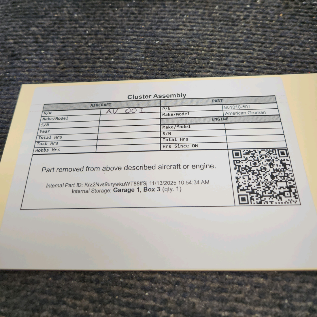 Used aircraft parts for sale, 801010-501 American Gruman A1A Cluster Assembly