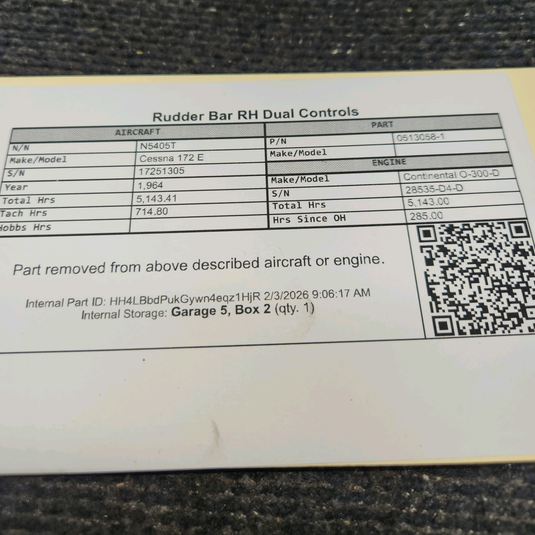 Used aircraft parts for sale, 0513058-1 Cessna 172 E Rudder Bar - RH, Dual Controls