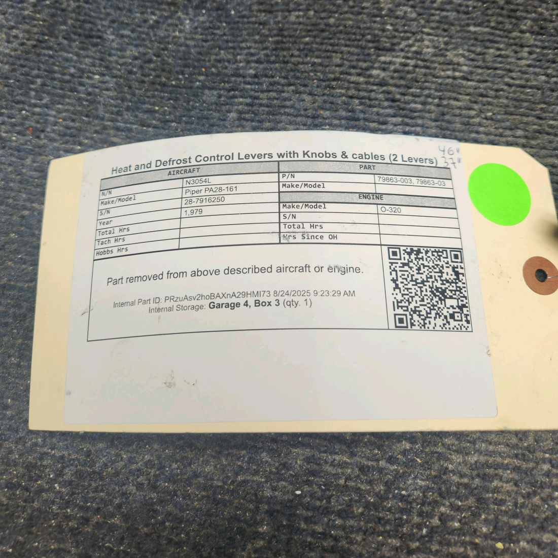 Used aircraft parts for sale, 79863-003 Piper PA28-161 Heat and Defrost Control Levers w/ Knobs and Cables (2 Levers – 37" & 46")