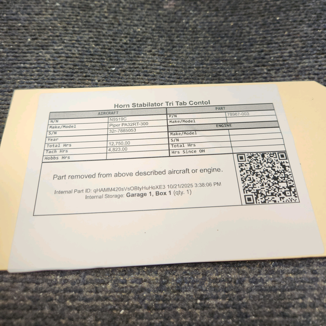 Used aircraft parts for sale, 78967-003 Piper PA32RT-300 Horn Stabilator Trim Tab Control