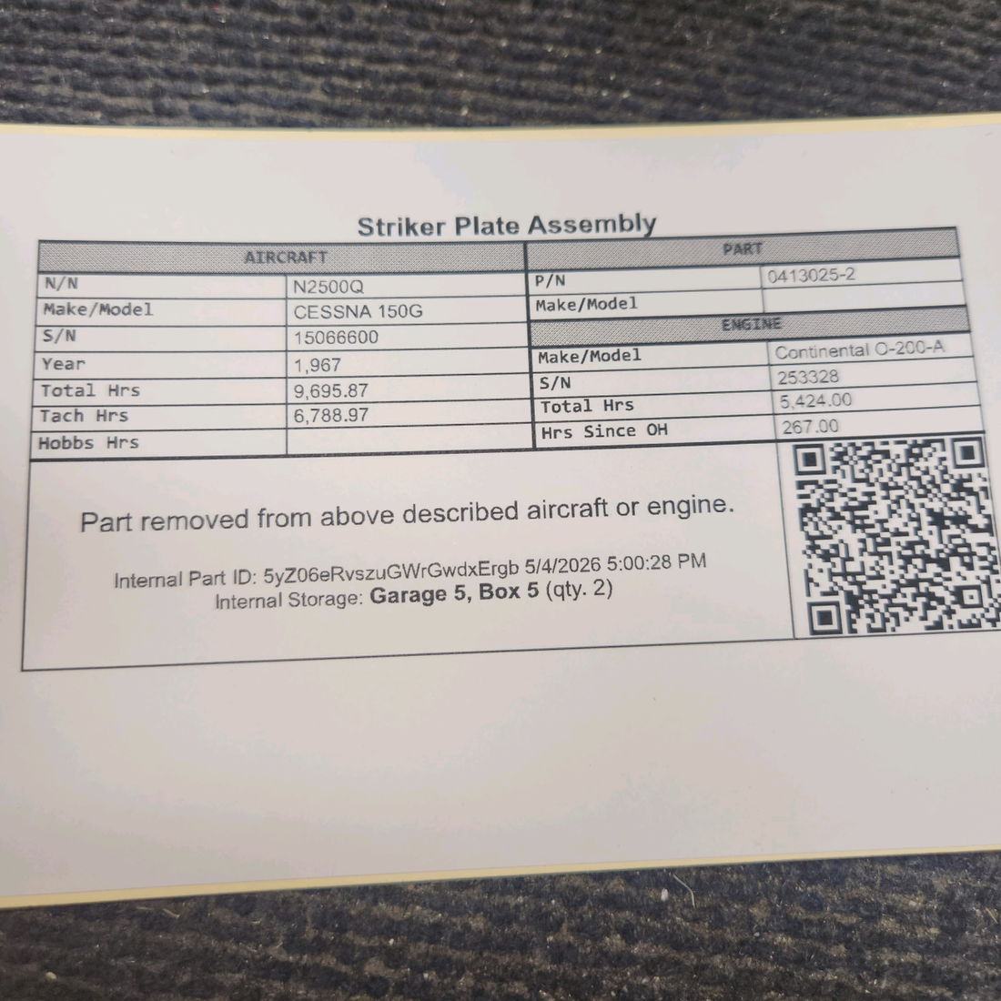 Used aircraft parts for sale, 0413025-2 cessna 150G Striker Plate Assembly