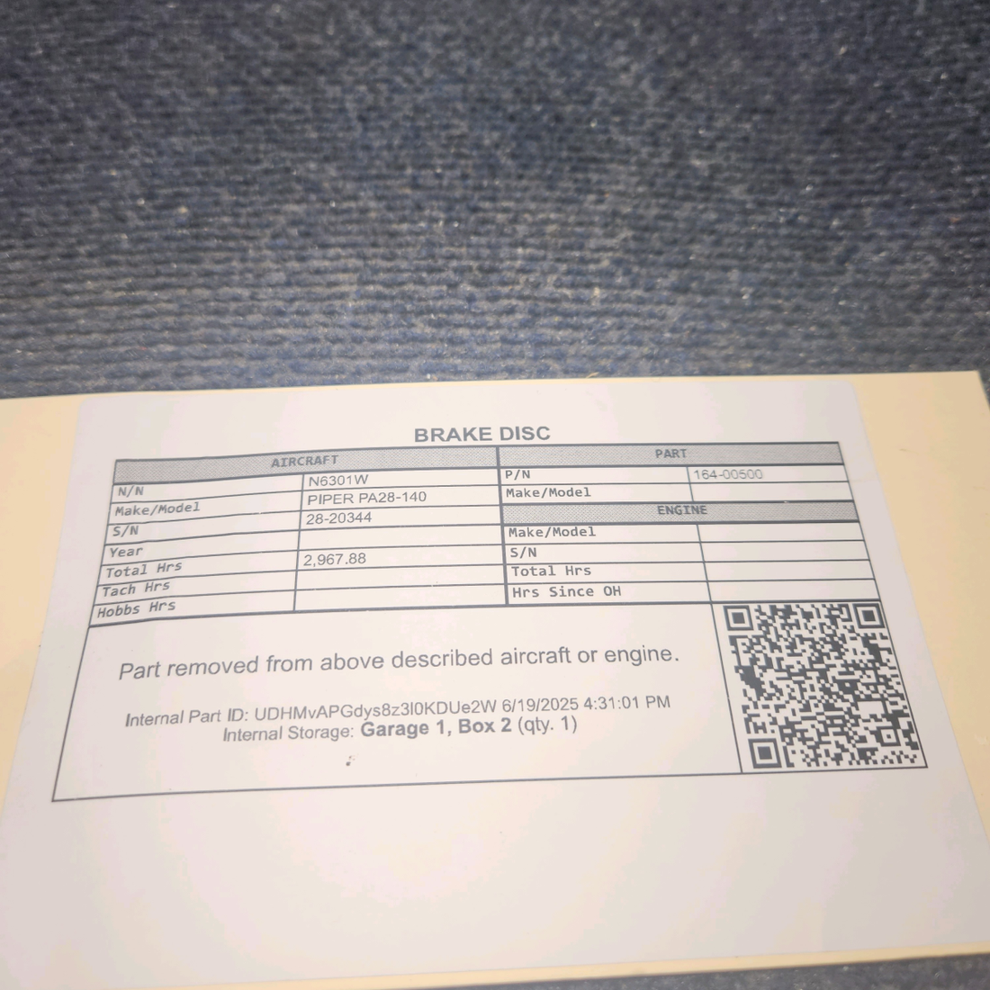 Used aircraft parts for sale, 164-00500 PIPER PA28-140 Brake Disc