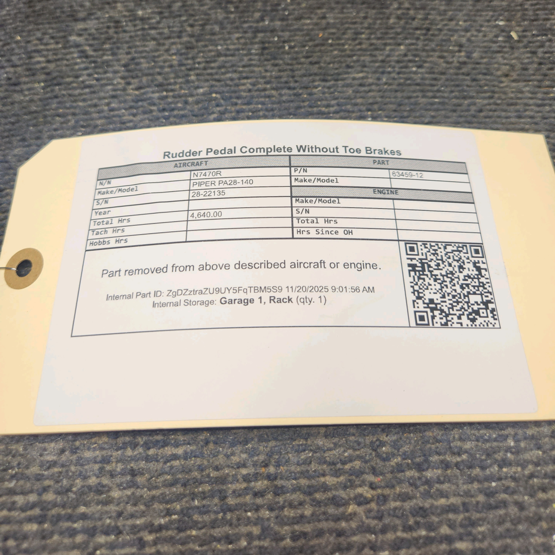 Used aircraft parts for sale, 63459-12 Piper PA28-140 Rudder Pedal Assembly