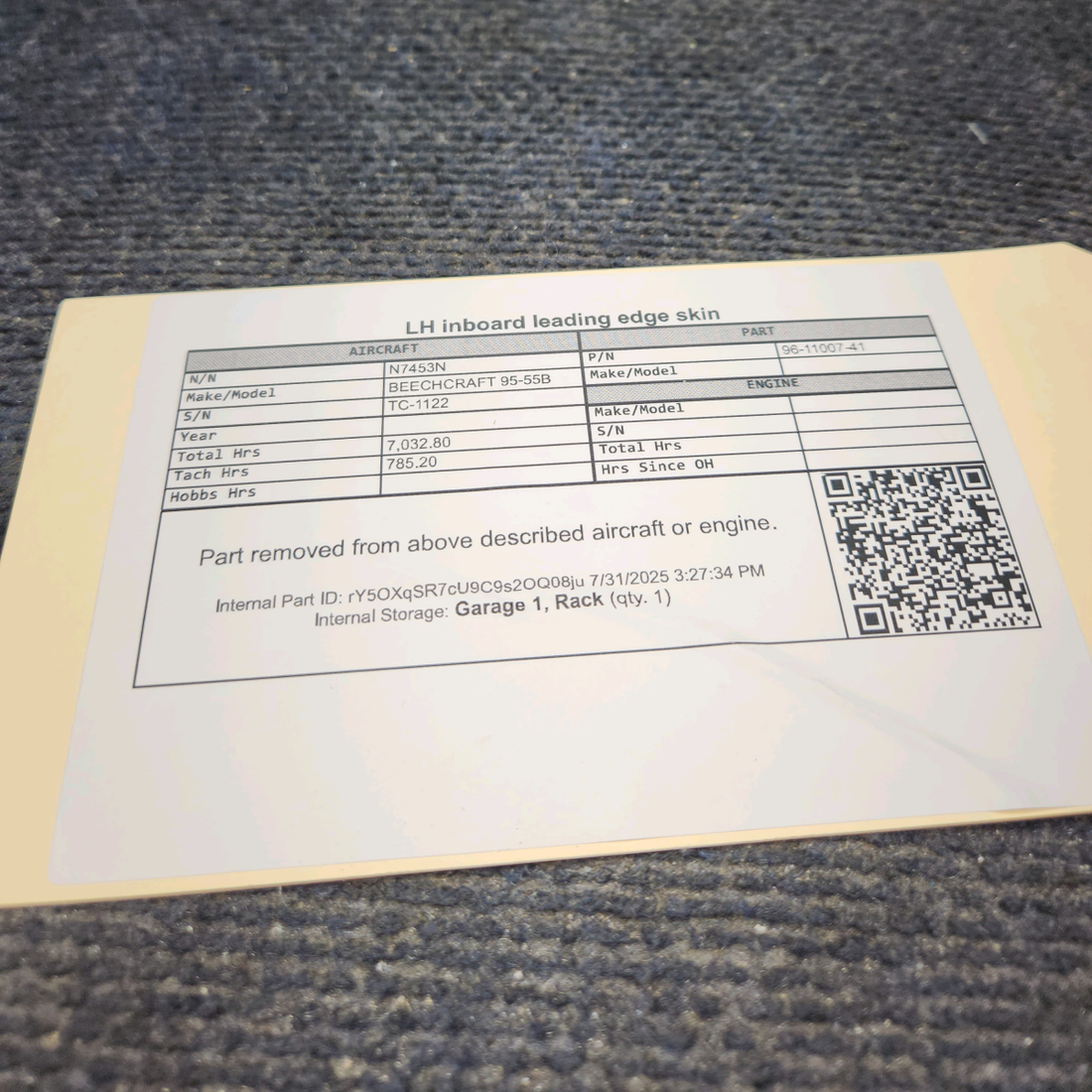 Used aircraft parts for sale, 96-110007-41 BEECHCRAFT 95-55B Inboard Leading Edge Skin – LH