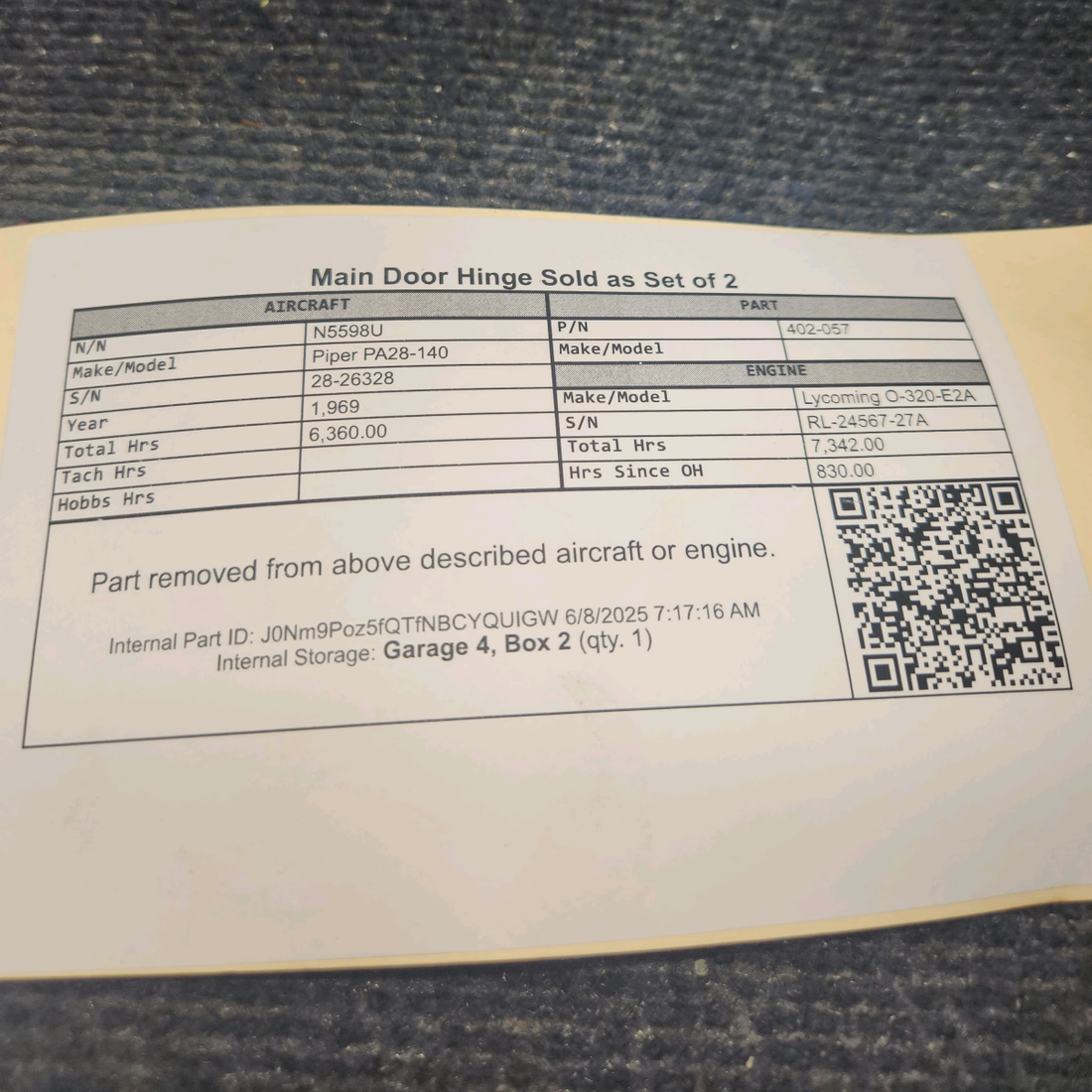 Used aircraft parts for sale, 402-057 Piper PA28-140 Main Door Hinge - Sold as Set of 2