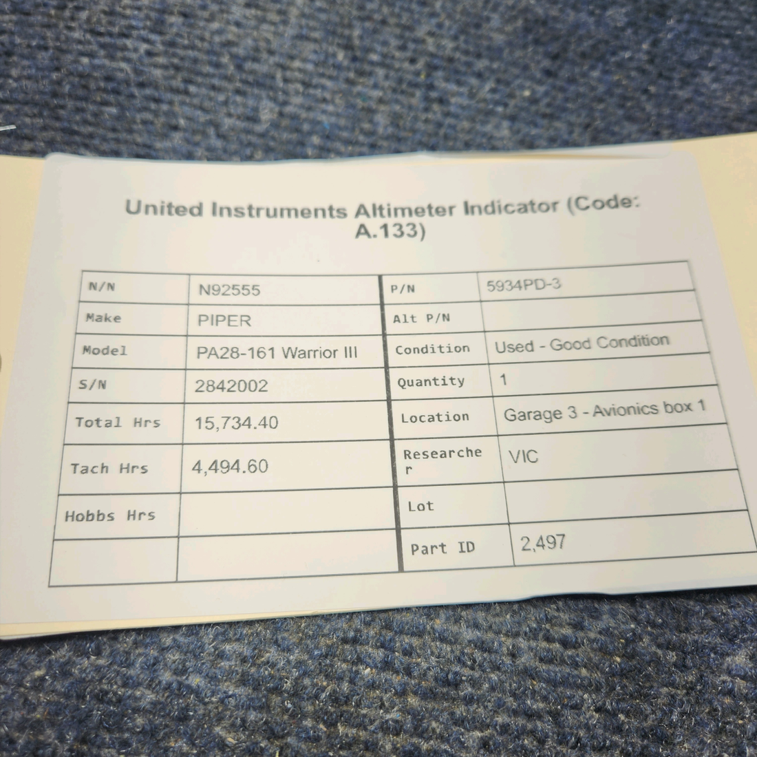 Used aircraft parts for sale, 5934PD-3 United Instruments PIPER PA28-161 Warrior III ALTIMETER INDICATOR (CODE: A.133)