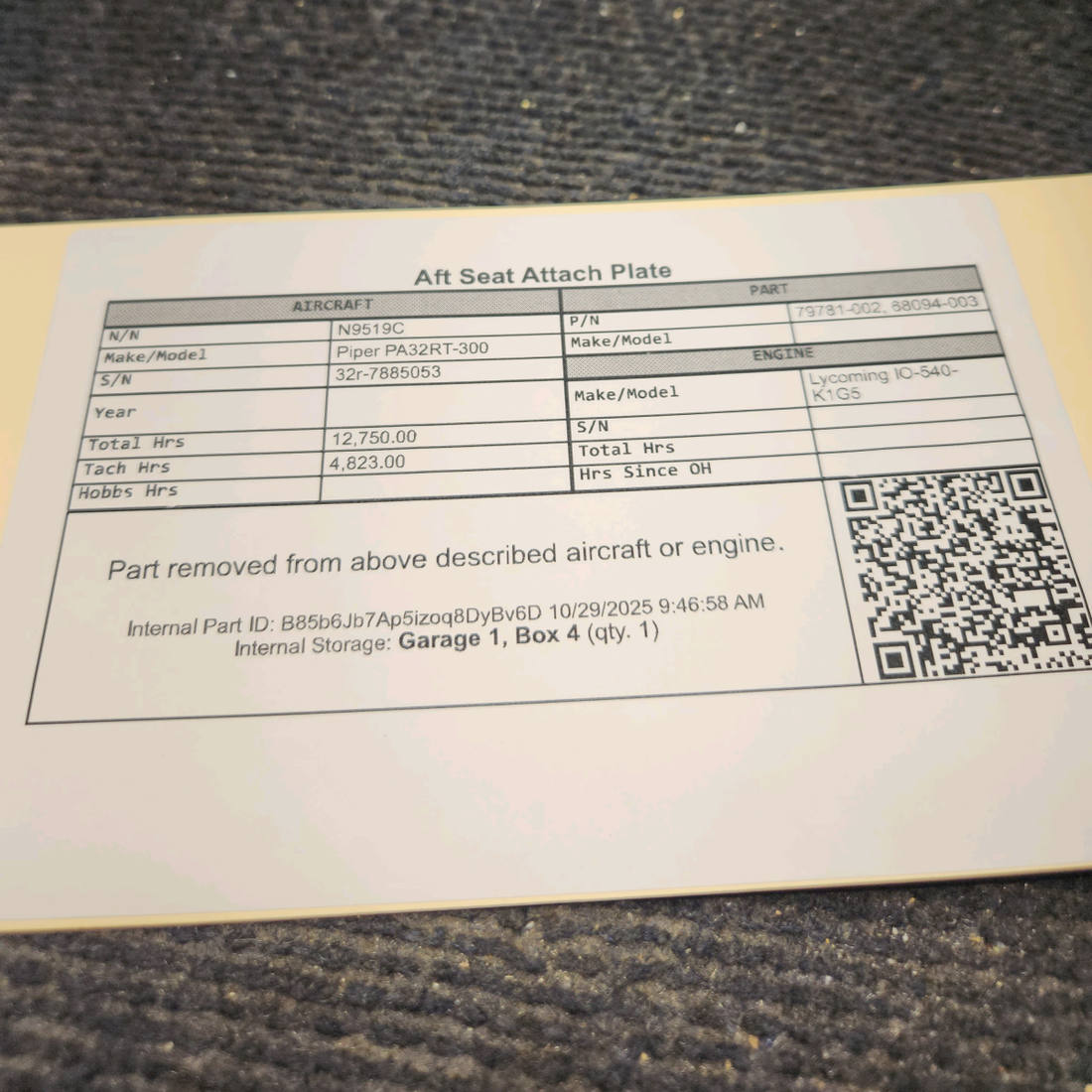 Used aircraft parts for sale, 79781-002 Piper PA32RT-300 Aft Seat Attach Plate