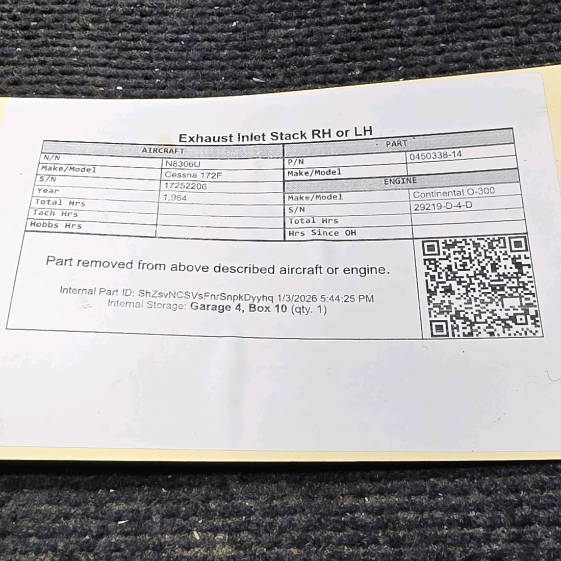 Used aircraft parts for sale, 0450338-14 Cessna 172F Exhaust Inlet Stack RH or LH