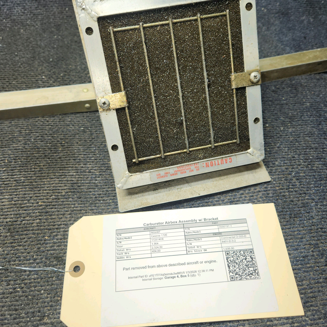 Used aircraft parts for sale, 0550197-1 Cessna 172E Carburetor Airbox Assembly w/ Bracket