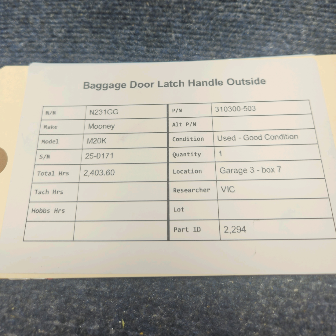 Used aircraft parts for sale, 310300-503 Mooney M20K BAGGAGE DOOR LATCH HANDLE OUTSIDE
