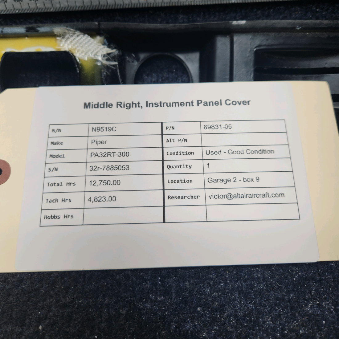 Used aircraft parts for sale, 69831-05 Piper PA32RT-300 MIDDLE RIGHT, INSTRUMENT PANEL COVER