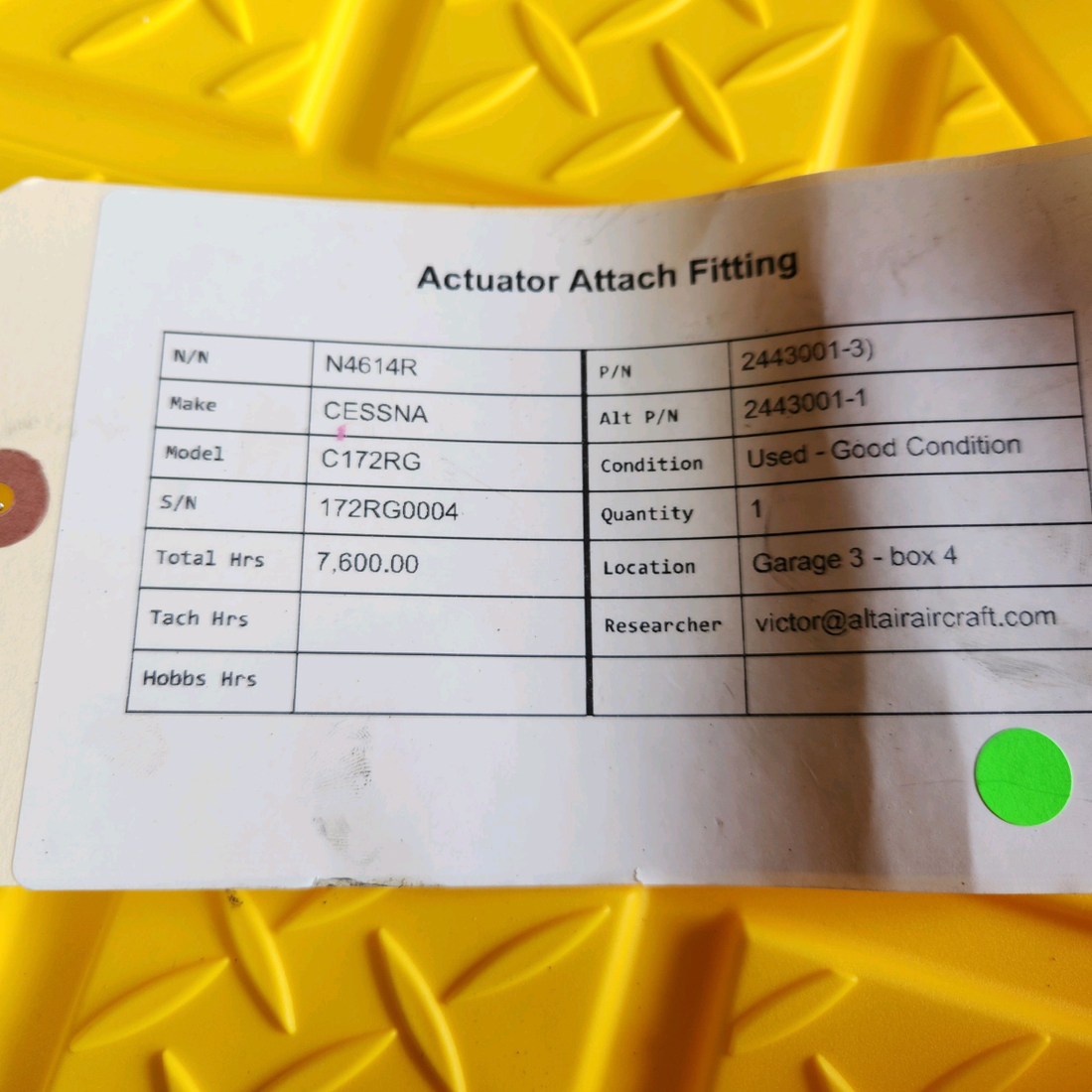 Used aircraft parts for sale, 2443001-3) CESSNA C172RG ACTUATOR ATTACH FITTING