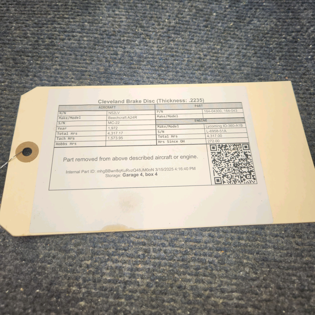 Used aircraft parts for sale, 164-04300 Cleveland Beechcraft A24R Brake Disc (Thickness: .2235)