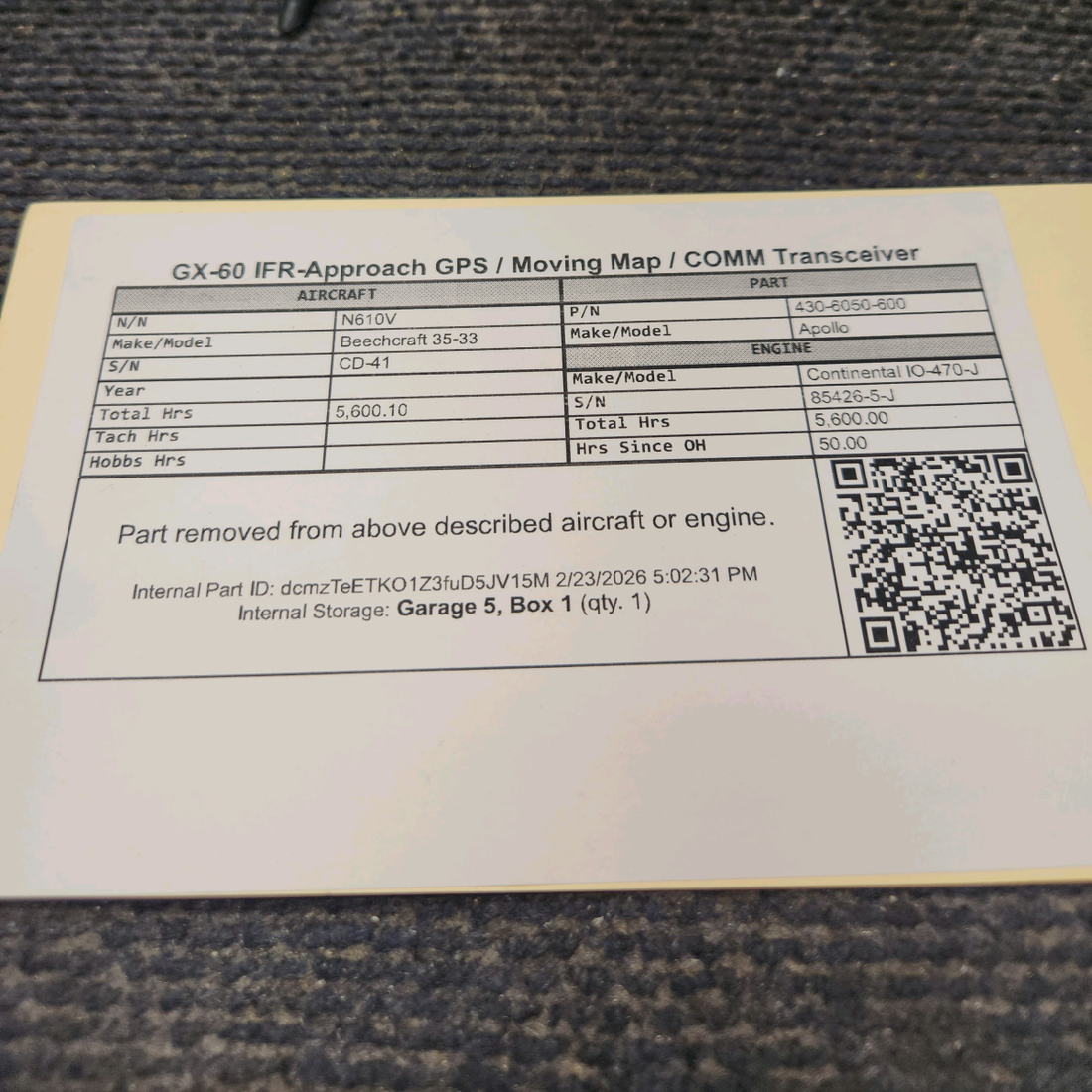 Used aircraft parts for sale, 430-6050-600 Apollo GX-60 Beechcraft 35-33 IFR-Approach GPS / Moving Map / COMM Transceiver