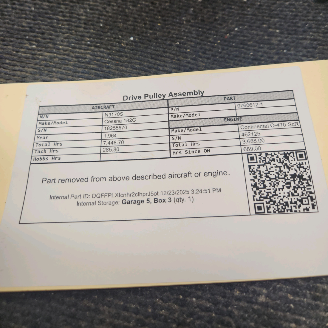 Used aircraft parts for sale, 0760612-1 Cessna 182G Drive Pulley Assembly