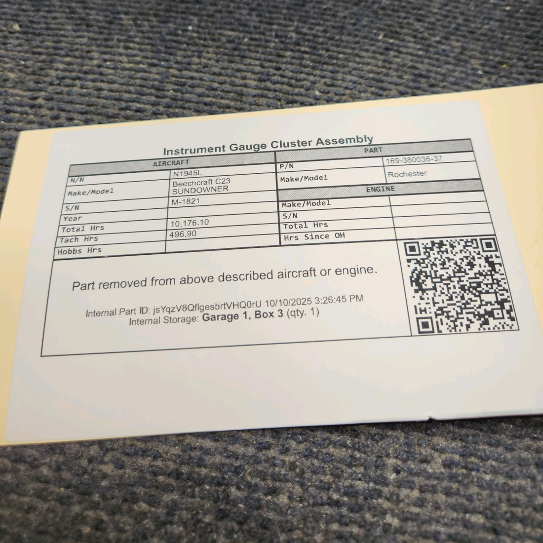 Used aircraft parts for sale, 169-380036-37 Rochester Beechcraft C23 SUNDOWNER Instrument Gauge Cluster Assembly