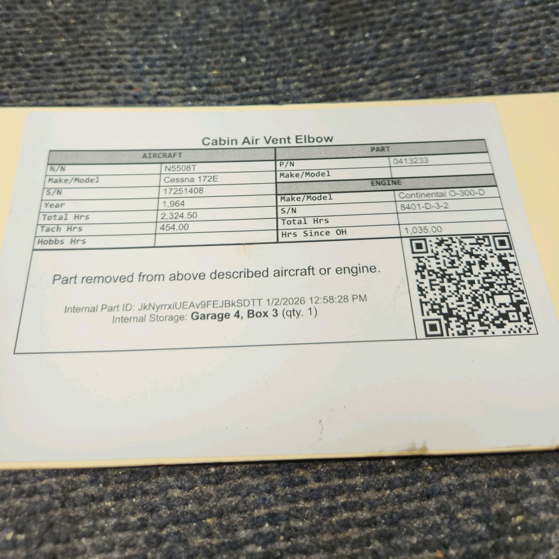 Used aircraft parts for sale, 0413233 Cessna 172E Cabin Air Vent Elbow