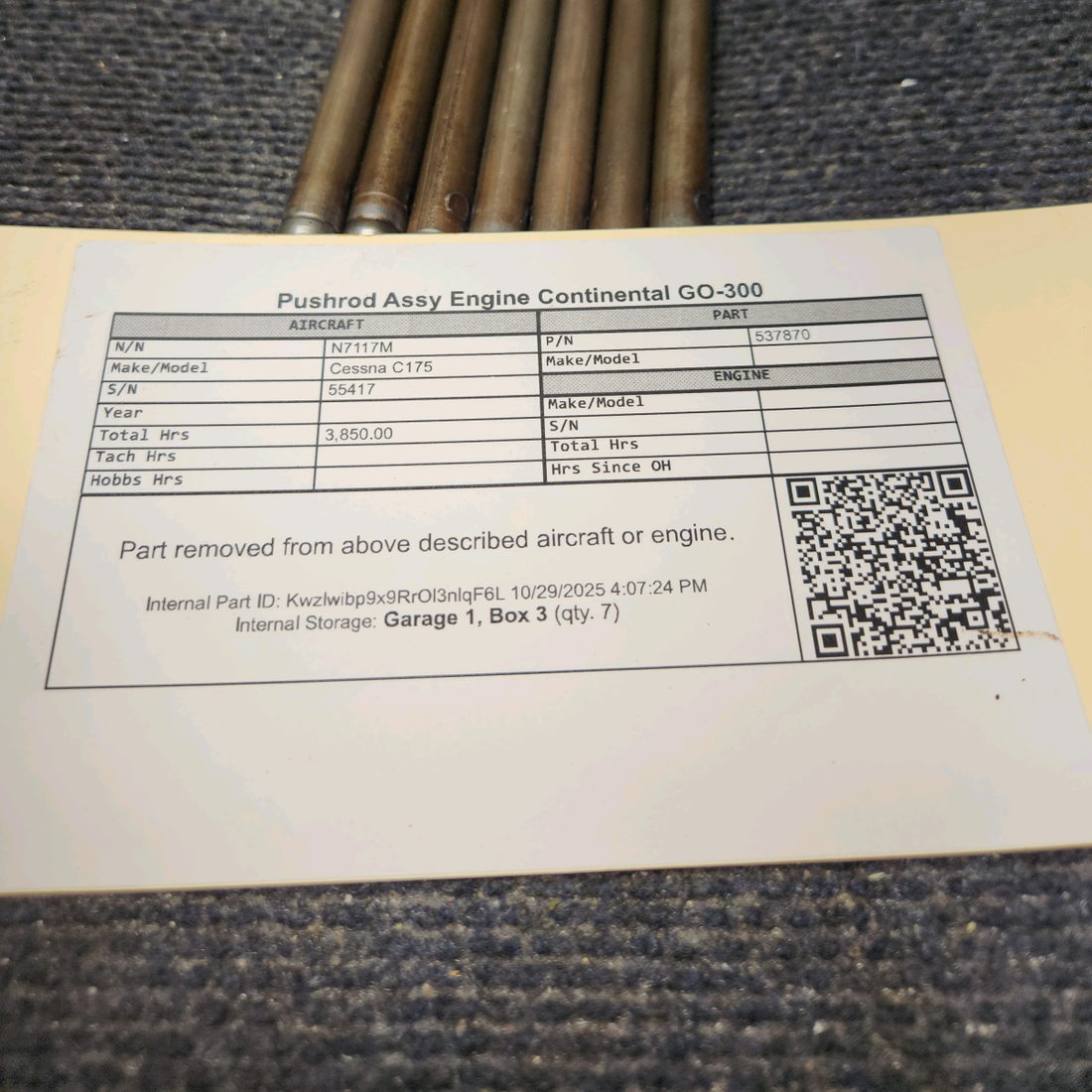 Used aircraft parts for sale, 537870 Continental GO-300 Cessna C175 Pushrod Assy Engine