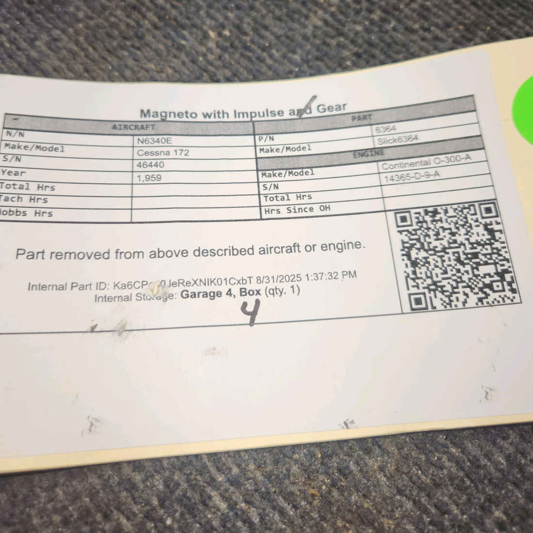 Used aircraft parts for sale, 6364 Slick 6364 Cessna 172 Magneto with Impulse and Gear
