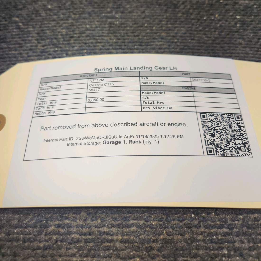 Used aircraft parts for sale, 0541158-3 Cessna C175 Spring Main Landing Gear - LH