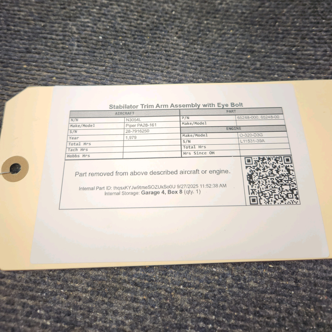 Used aircraft parts for sale, 65248-000 Piper PA28-161 Stabilator Trim Arm Assembly with Eye Bolt