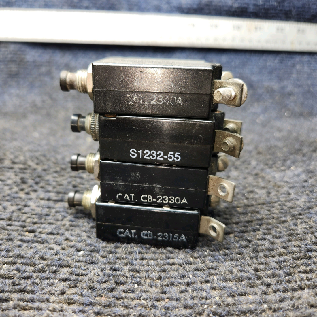 Used aircraft parts for sale, S1232-55, CB-2330A, CB-2315A, CB-2340A Cessna C175 Circuit Breaker Lot of Four(4) 15A/30A/40A/55A