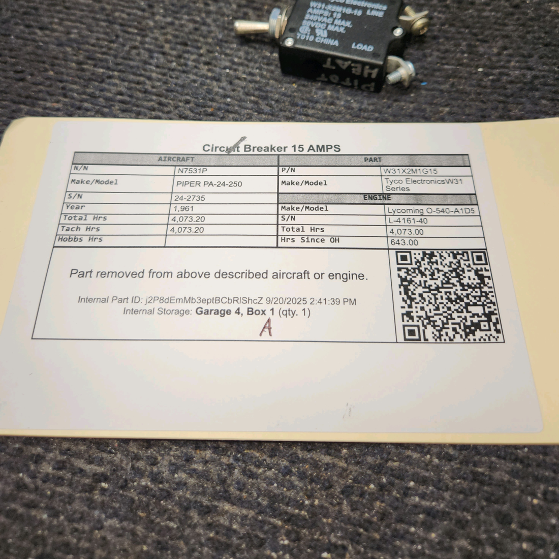 Used aircraft parts for sale, W31X2M1G15 Tyco Electronics W31 Series PIPER PA-24-250 Circuit  Breaker - 15 Amps