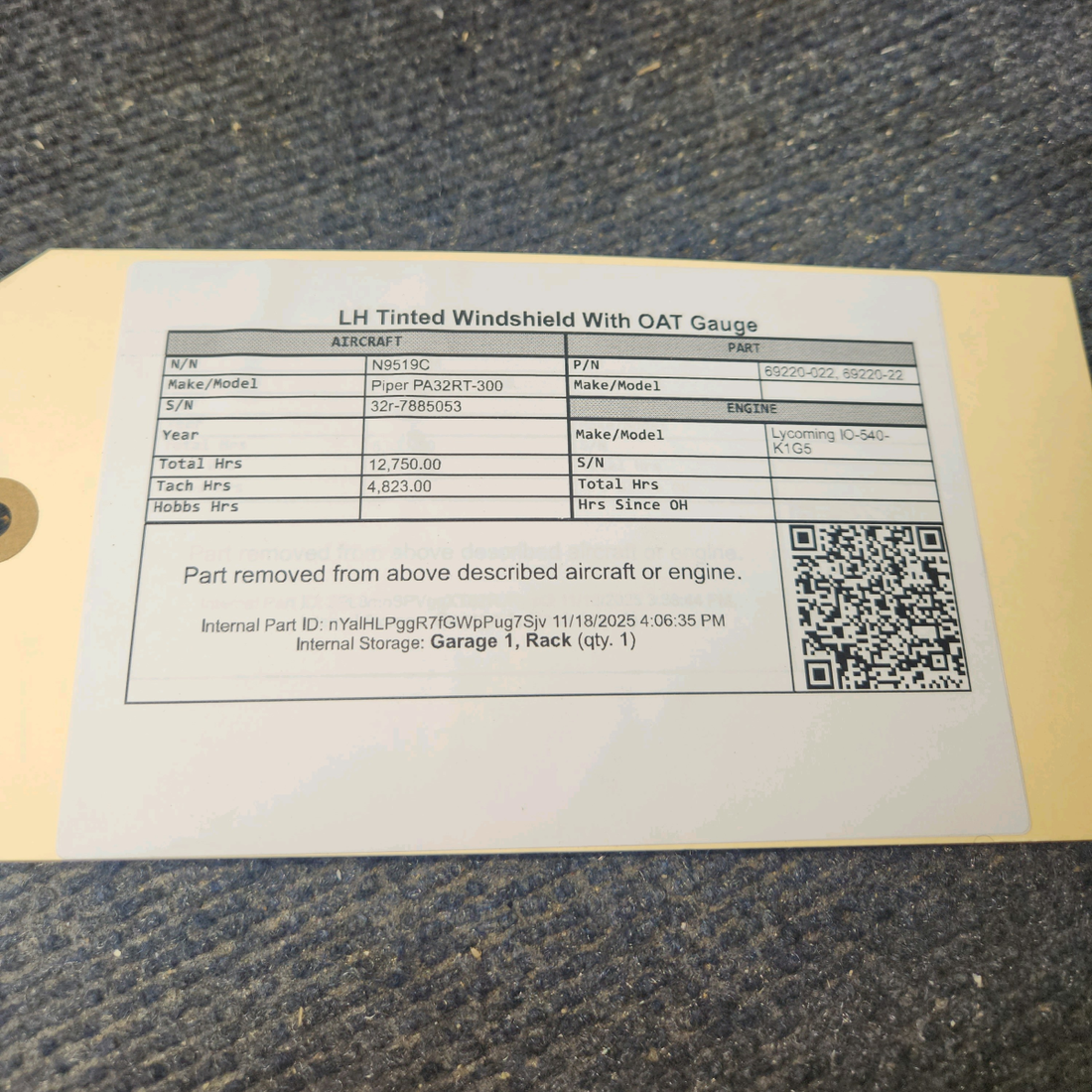 Used aircraft parts for sale, 69220-022 Piper PA32RT-300 Tinted Windshield with OAT Gauge - LH (0.1440")