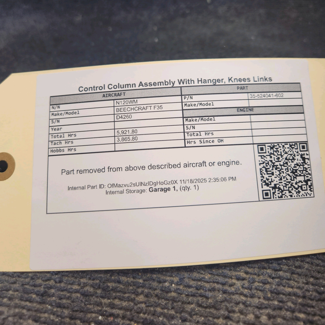 Used aircraft parts for sale, 35-524041-602 Beechcraft F35 Control Column Assembly With Hanger, Knees, Links