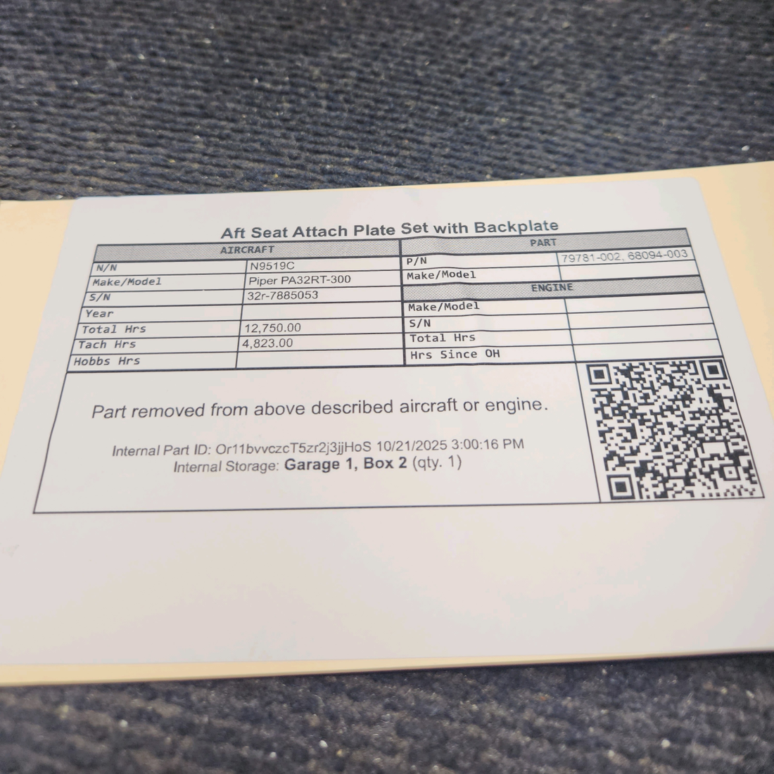 Used aircraft parts for sale, 79781-002 Piper PA32RT-300 Aft Seat Attach Plate Set with Backplate