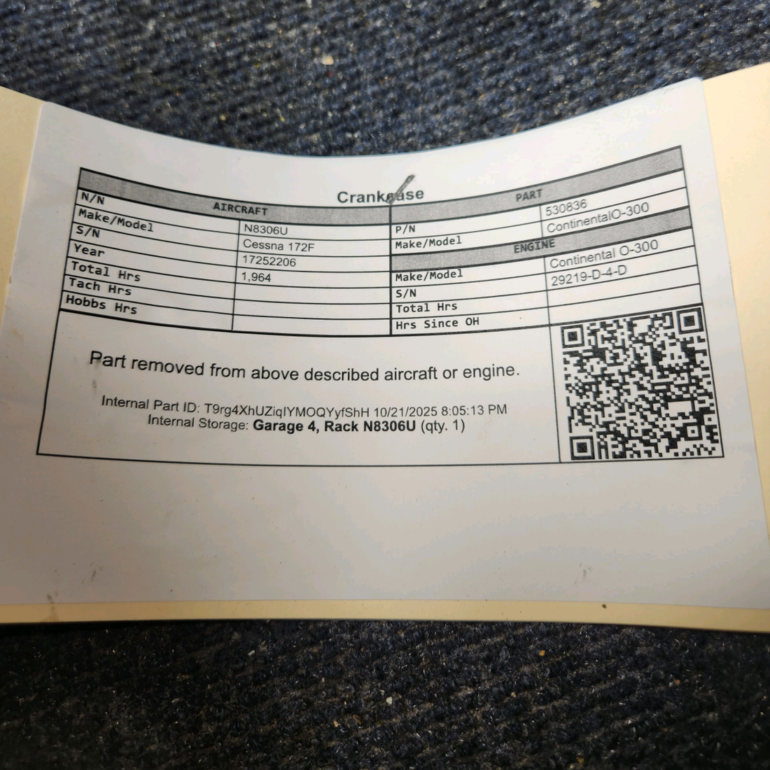 Used aircraft parts for sale, 530836 Continental O-300-D Cessna 172F Crankcase