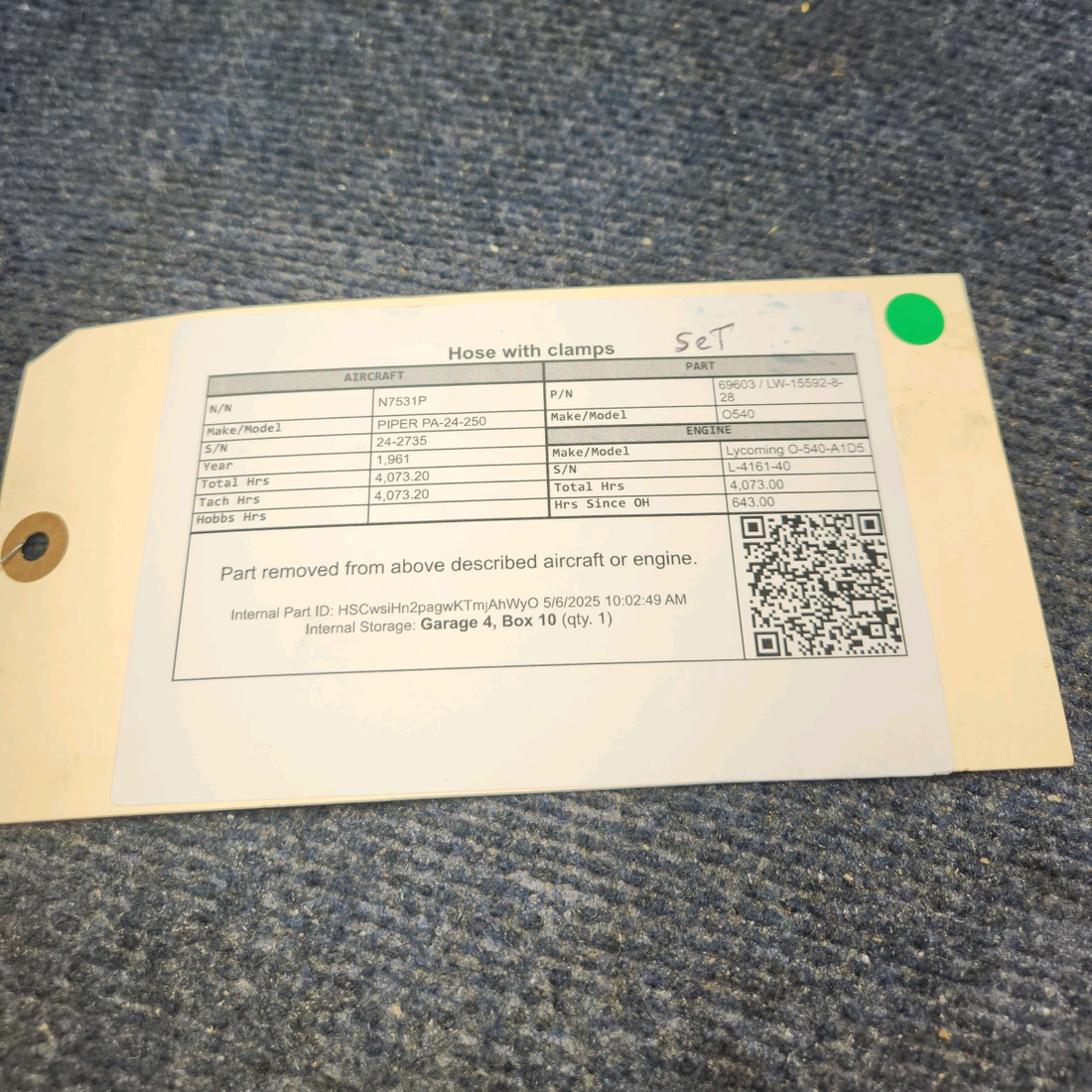 Used aircraft parts for sale, 69603 / LW-15592-8-28 Lycoming O-540 PIPER PA-24-250 Hose with clamps Sold as a set.