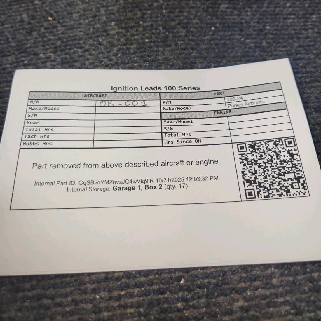 Used aircraft parts for sale, 100-24 Parker Airborne 100 Series Continental, Lycoming Repair Kit for Ignition Leads