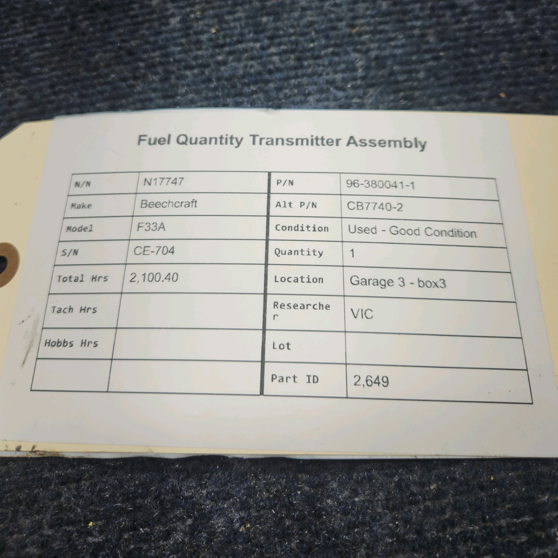 Used aircraft parts for sale, 96-380041-1 Beechcraft F33A FUEL QUANTITY TRANSMITTER ASSEMBLY