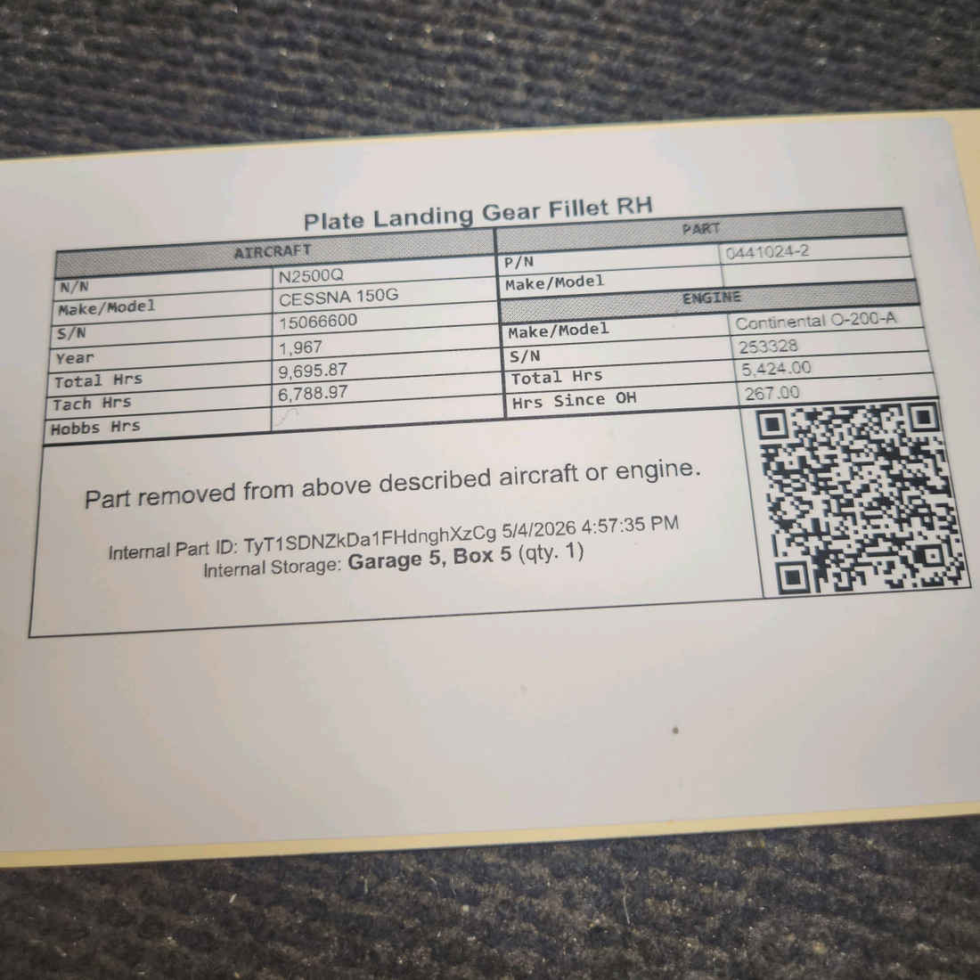 Used aircraft parts for sale, 0441024-2 cessna 150G Landing Gear Fillet Plate – RH