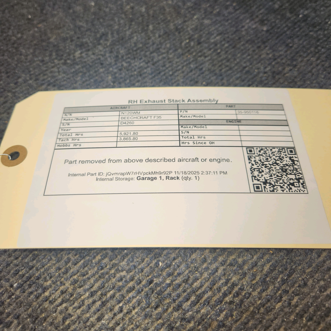 Used aircraft parts for sale, 35-950116 Beechcraft F35 Exhaust Stack Assembly - RH - Edge wear