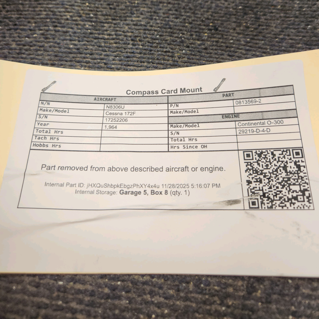 Used aircraft parts for sale, 0813569-2 Cessna 172F Compass Card Mount