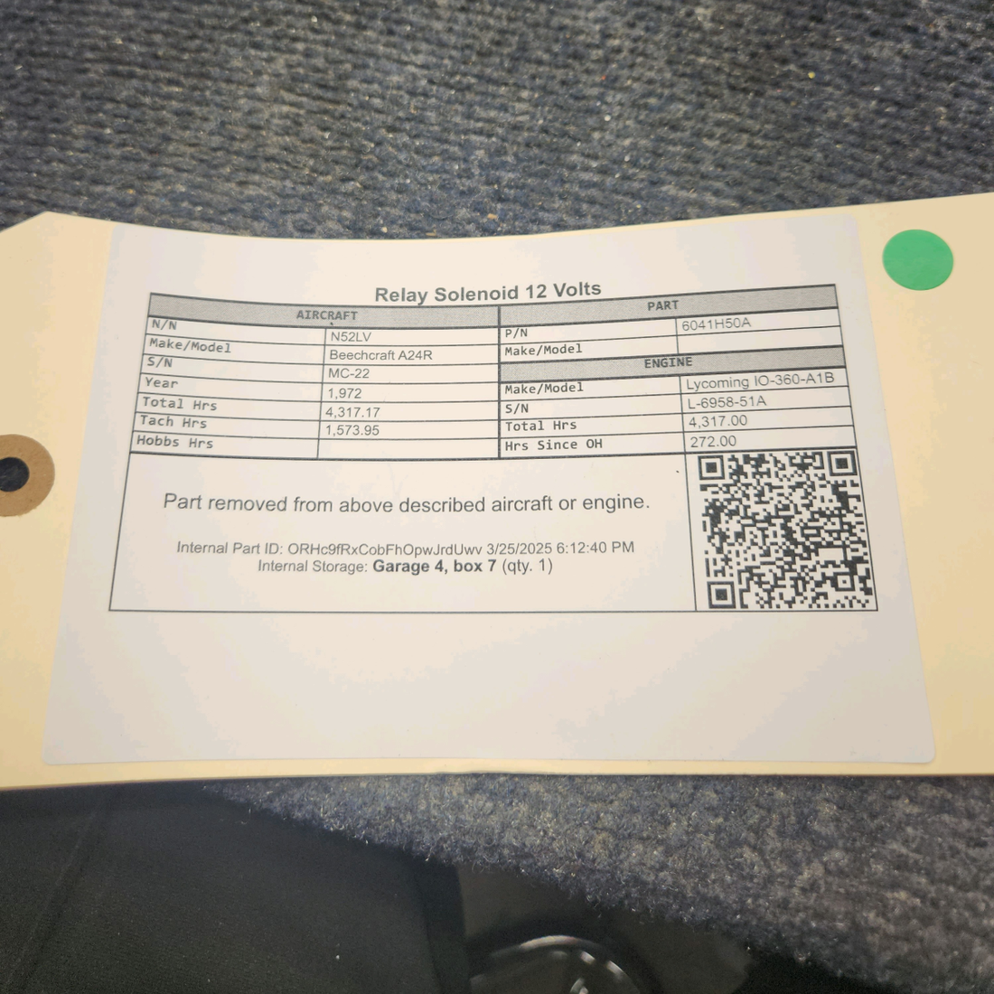 Used aircraft parts for sale, 6041H50A Beechcraft A24R Relay Solenoid 12 Volts