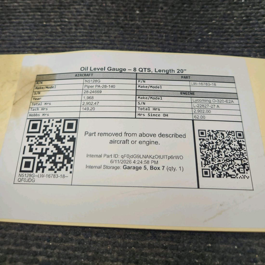 Used aircraft parts for sale, LW-16783-18 Lycoming Piper PA-28-140 Oil Level Gauge – 8 QTS, Length 20"