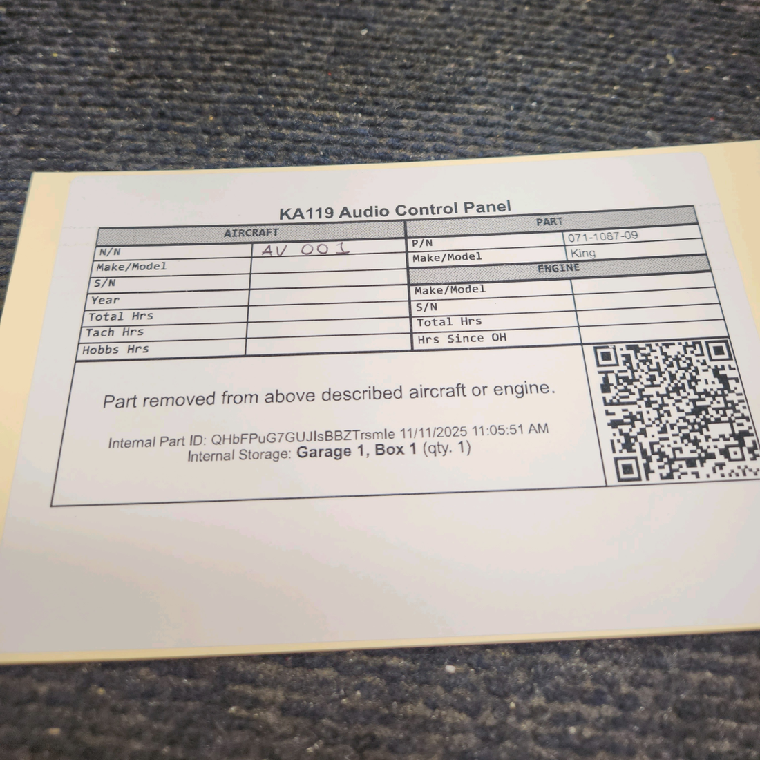 Used aircraft parts for sale, 071-1087-09 King KA-119 KA119 Audio Control Panel