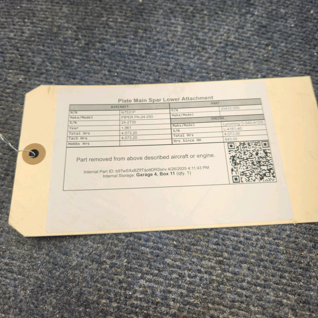 Used aircraft parts for sale, 20433-000 PIPER PA-24-250 Plate Main Spar Lower Attachment