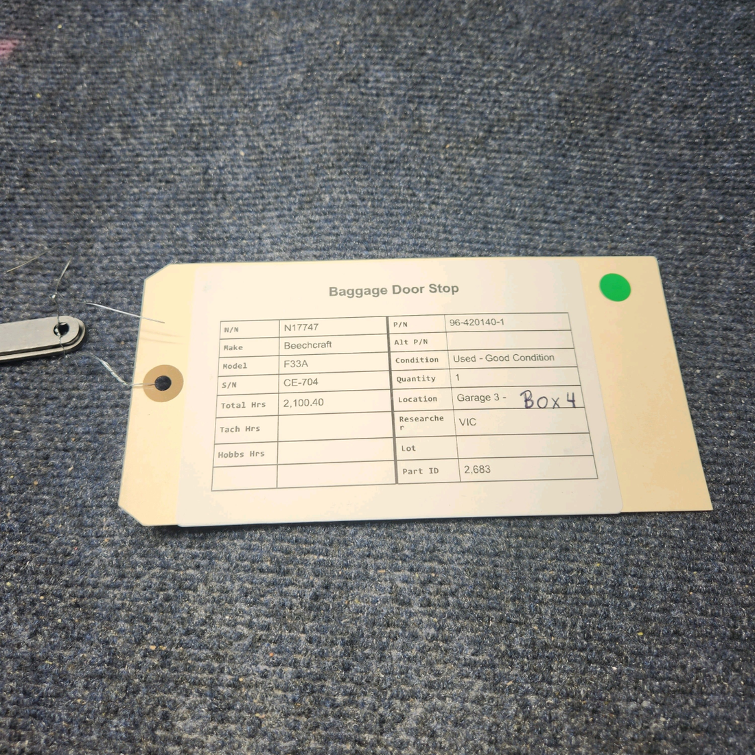 Used aircraft parts for sale, 96-420140-1 Beechcraft F33A BAGGAGE DOOR STOP