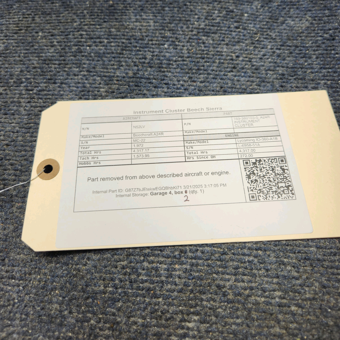 Used aircraft parts for sale, 169-380103-5 Beechcraft A24R Instrument Cluster Beech Sierra