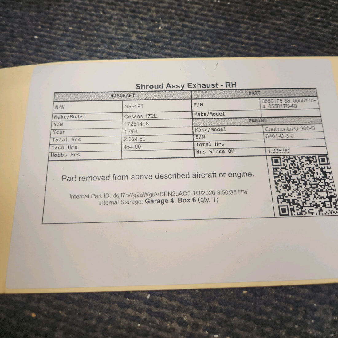 Used aircraft parts for sale, 0550176-38 Cessna 172E Shroud Assy Exhaust - RH