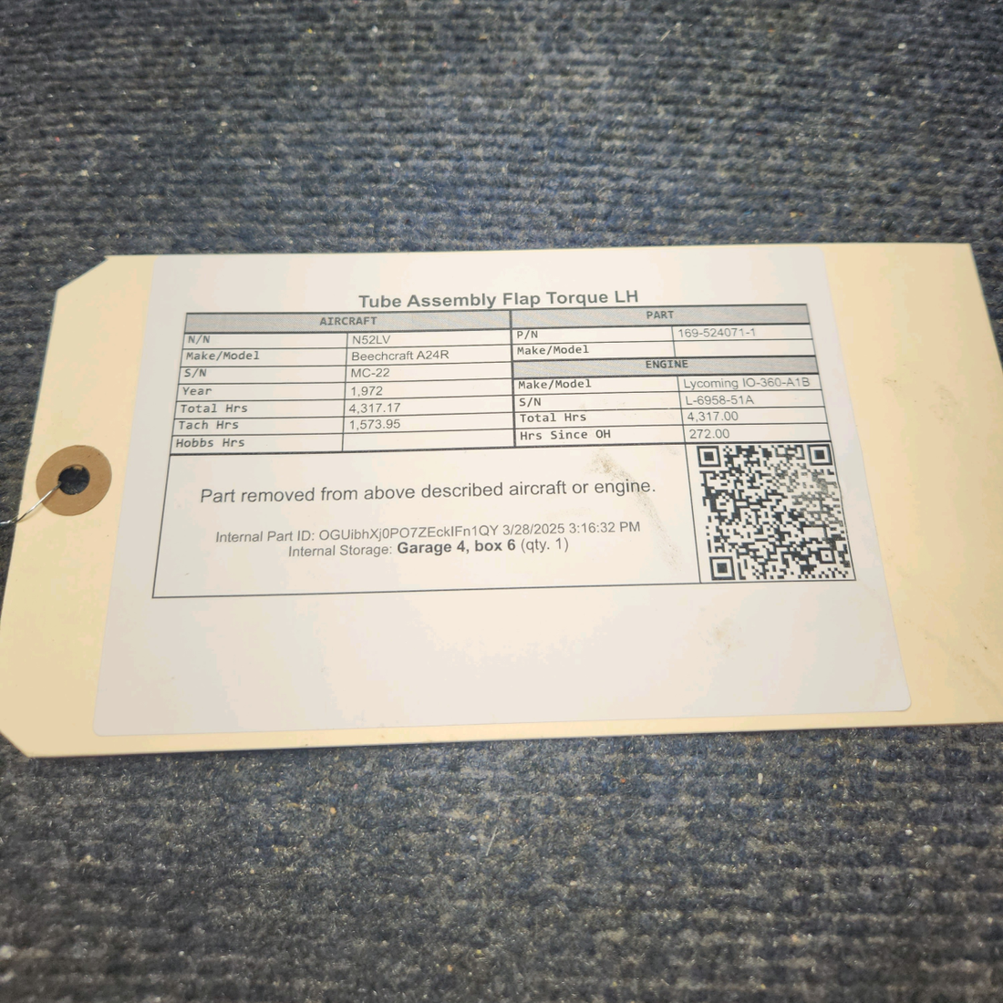 Used aircraft parts for sale, 169-524071-1 Beechcraft A24R Tube Assembly Flap Torque LH